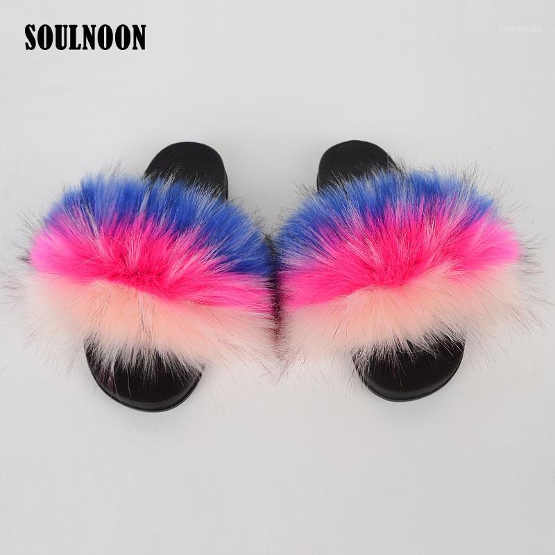 

Rainbow Fur Slippers Women Real Fur Slippers Non-slip Flat Home Furry Indoor Shoes Female Casual Fluffy Flip Flops1, Mixed colors 1
