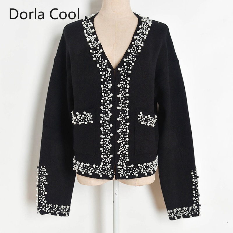 

Female Runway European Designer Cardigans with v Luxe Beading Cleavage Trimmings Double Pockets Thick Office Lady Sweaters Tops Kozc, Black