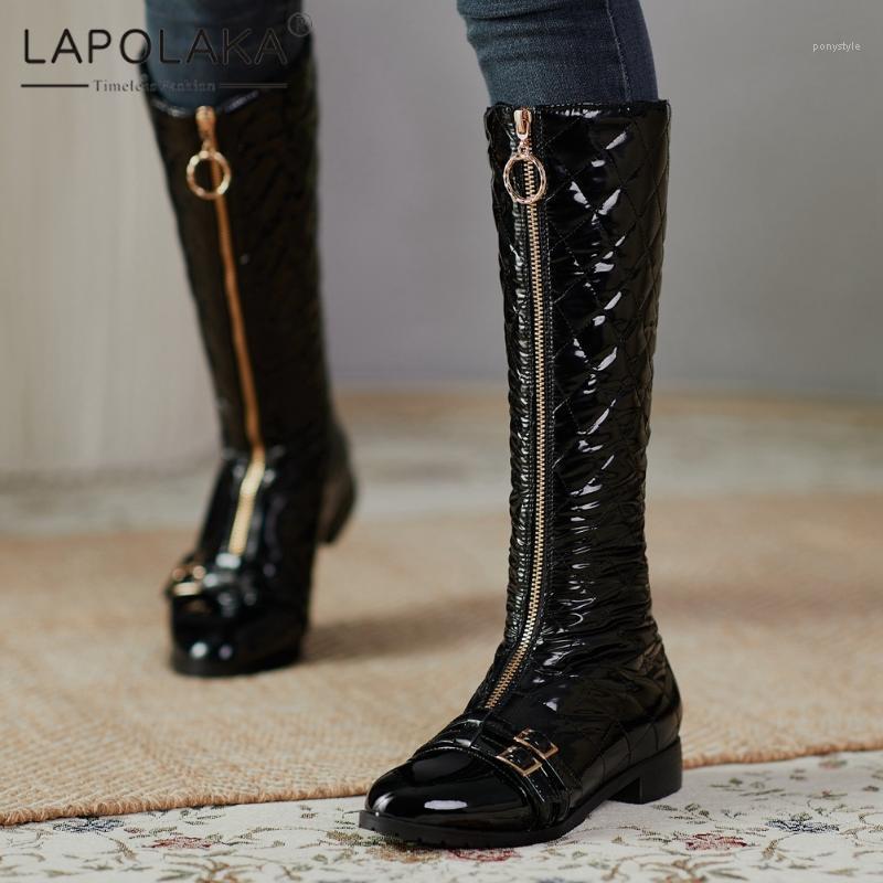 

Lapolaka 2021 New Design Comfy Silver Buckle Decoration Warm Long Boots Woman Shoes Top Quality Genuine Leather Shoes Ladies1, Black