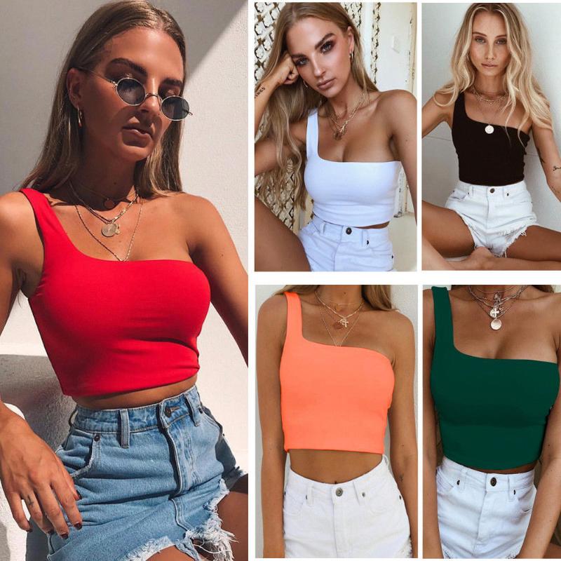 

Women Sexy Cool Single One Shoulder Tank Tops Vest Bare Midriff Sleeveless T-Shirt Summer Beach Crop Top, Black
