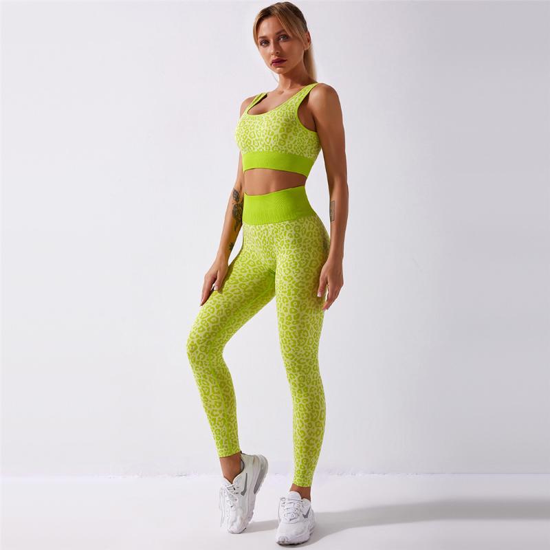 

Women Fashion Sexy Leopard Printed 2 PCS Yoga Set Gym Shockproof Sports Bras Sport Leggings Running Work Out Training Suit A017, Red leopard