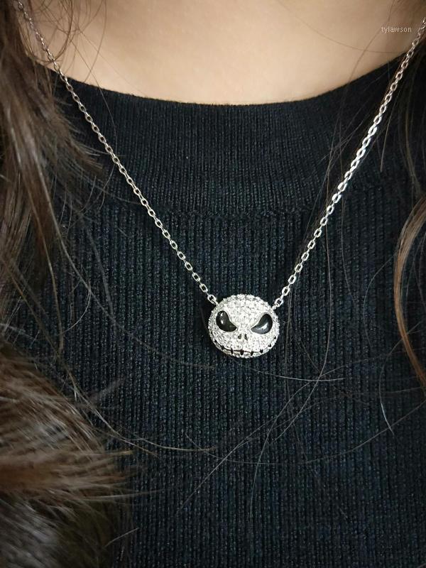 

Hanreshe Nightmare before Christmas Skull Necklace Pendant Chain Punk Crystal Jewelry Pumpkin Jack Enamel Black Necklace1