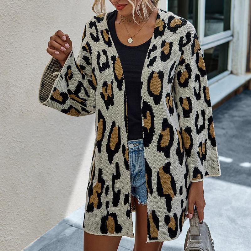 

Women Fashion Autumn Winter Cardigan Open Front Leopard Print Long Cardigan Knitted Sweater Coat Plus Size Warm Clothes, Apricot