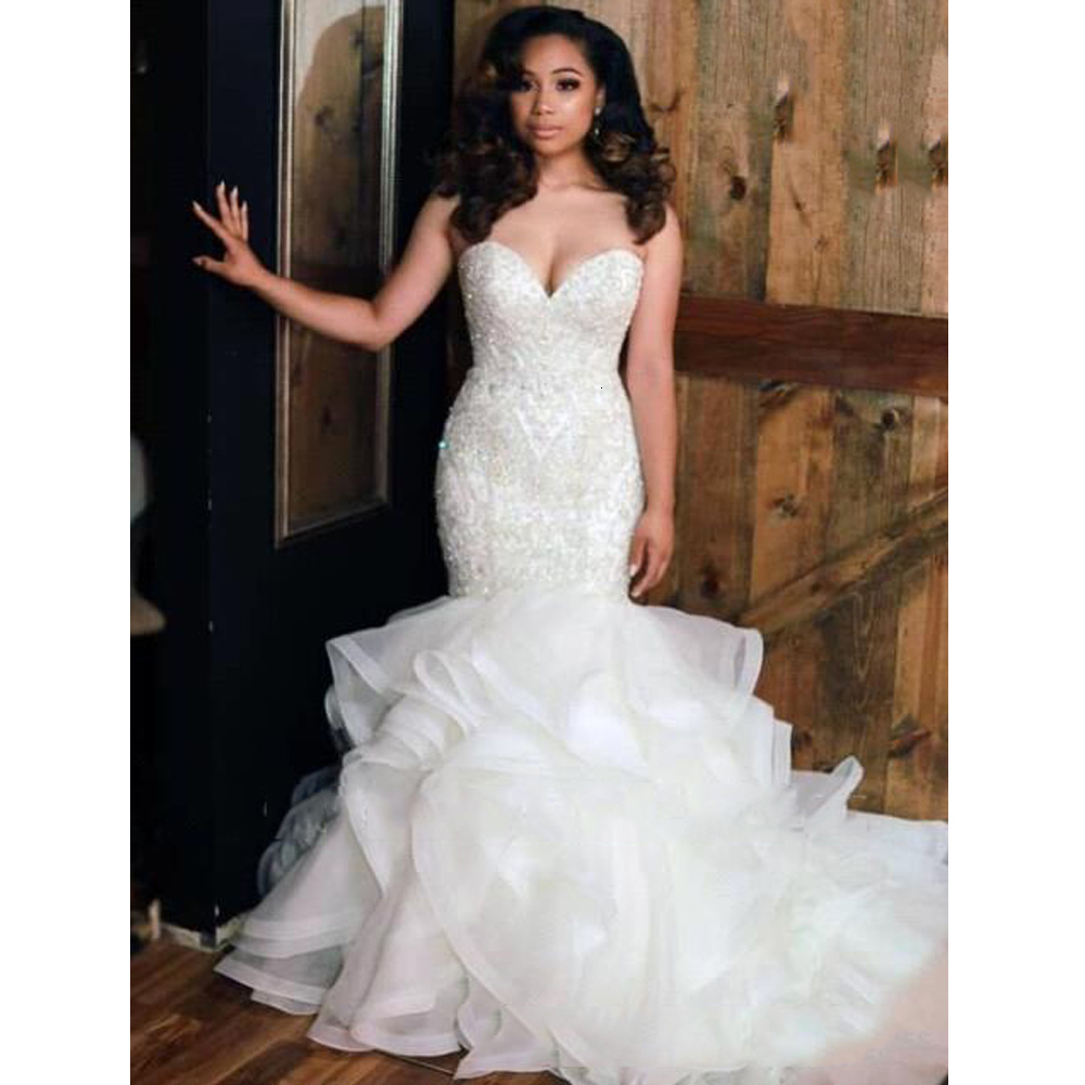 

2021 New Beloved African Mermaid Granular Top-tier Stones Drooling Plus Size Wedding Dress YGCJ, Ivory