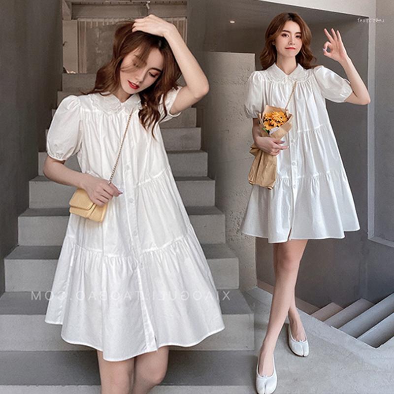 

9981# Maternity Clothes Summer Solid Color Cotton Short Sleeve Loose Stylish Dress for Pregnant Women Mom Dress1, White