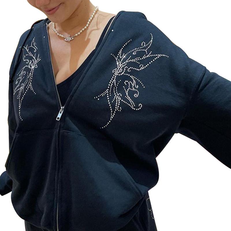 

Women's Hoodies & Sweatshirts Women Polyester Autumn Rhinestone Butterfly Sweatshuirts Adults Loose Casual Long Sleeve Hooded Cardigan With, Black