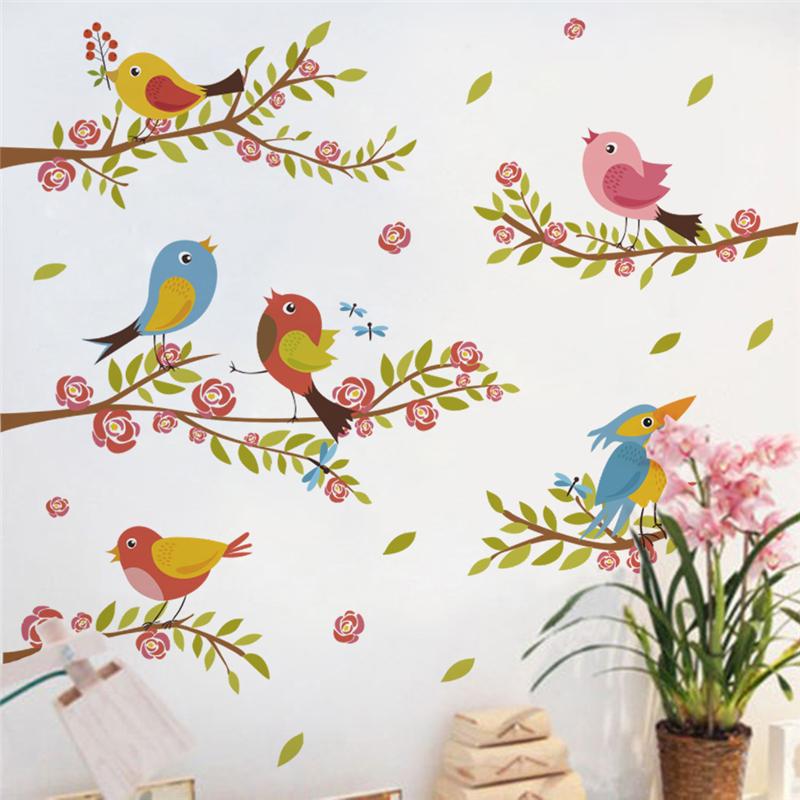

funny birds on the branch flower wall decals kids rooms home decor cartoon animals wall stickers pvc mural art diy wallpaper