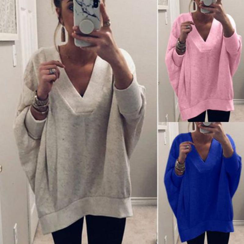 

Women' Sweatshirt Knitted Pullover Sweater Top Long Sleeve Pure Color Loose Warm V-neck Sweatshirt, Blue