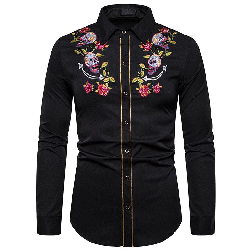 

QYZRFS Men Embroidery Shirt Streetwear Long Sleeve Social Plus Size Tops Printed Casual Slim Fit Clothing Harajuku Hip Hop Shirt, Black