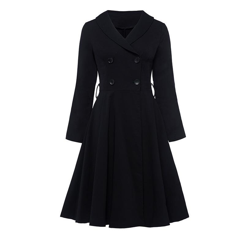 

2020 Autumn Vintage V Neck Dress Women Three Quarter Sleeve Double Buttons A-line Office Lady Dress Elegant Party Dresses Black