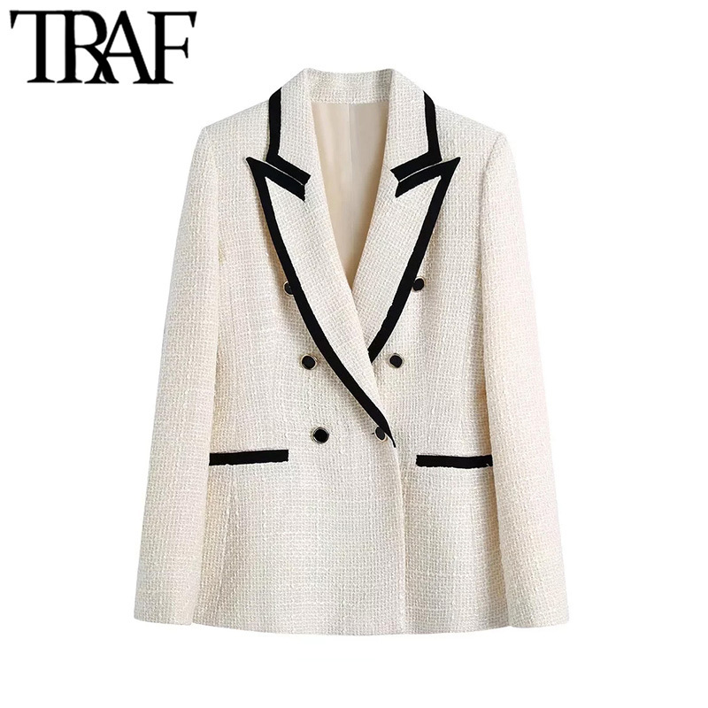 

TRAF Women Fashion With Contrast Piping Tweed Blazer Coat Vintage Long Sleeve Pockets Female Outerwear Chic Veste Femme 220214, As picture