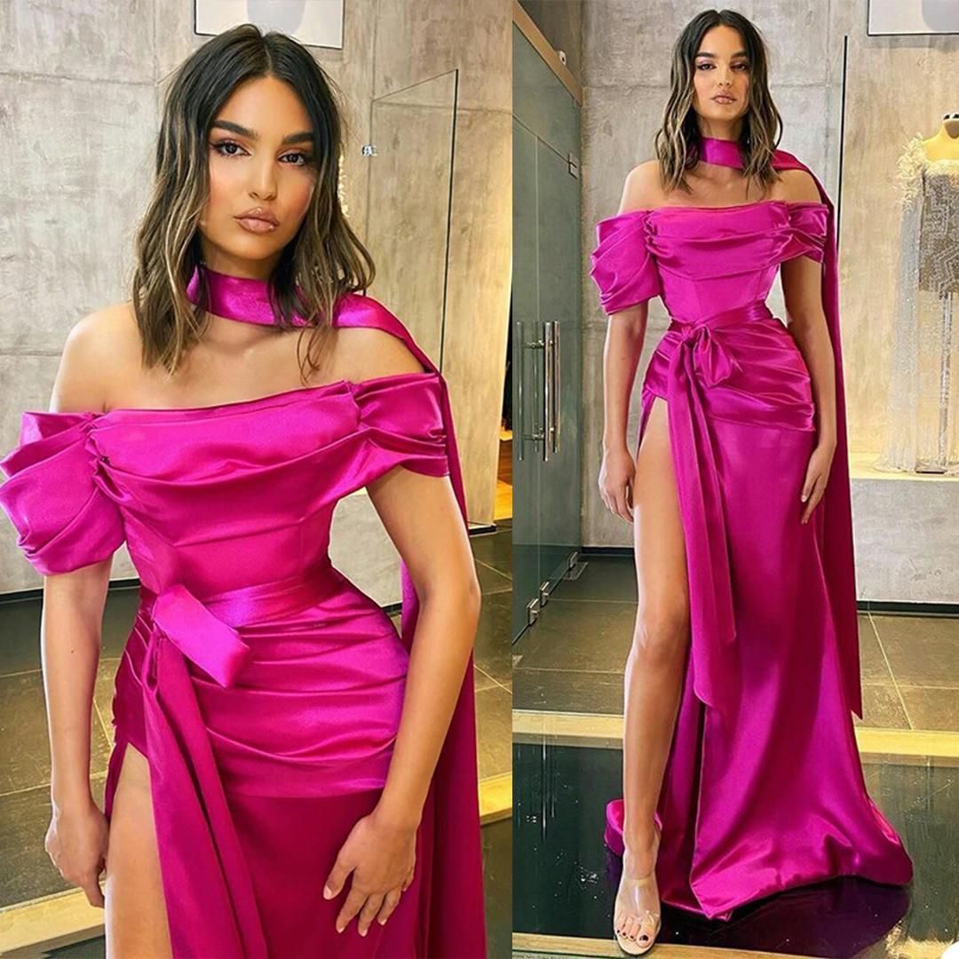 

Chic Silk Satin Prom Dresses With Choker Fashion Design Evening Dress Ruched Sexy Split Sweep Train Custom Made Formal Pageant Gown, Pink