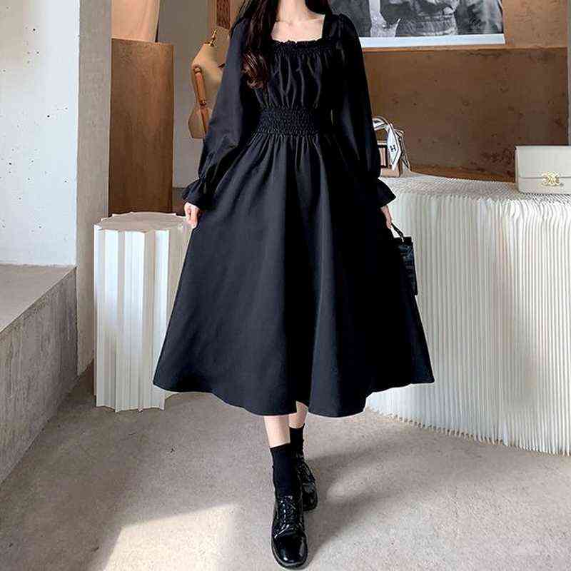 

QWEEK Vintage Black Dress Women French Elegant Square Collar Long Sleeve Midi Dress 2021 Autumn Ladies Retro Clothes Chic Korean G1223