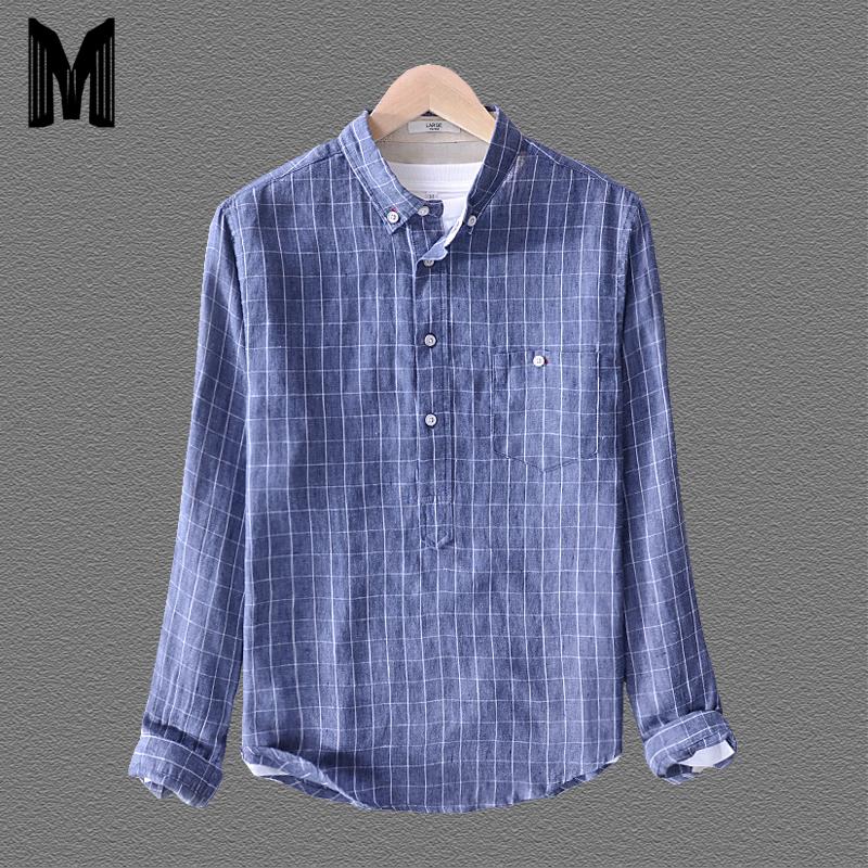 

2020 Spring Summer New Shirts Men Fashion 100%Linen Long Sleeve Cool Plaid Plus Size Shirt Y1669, Apricot