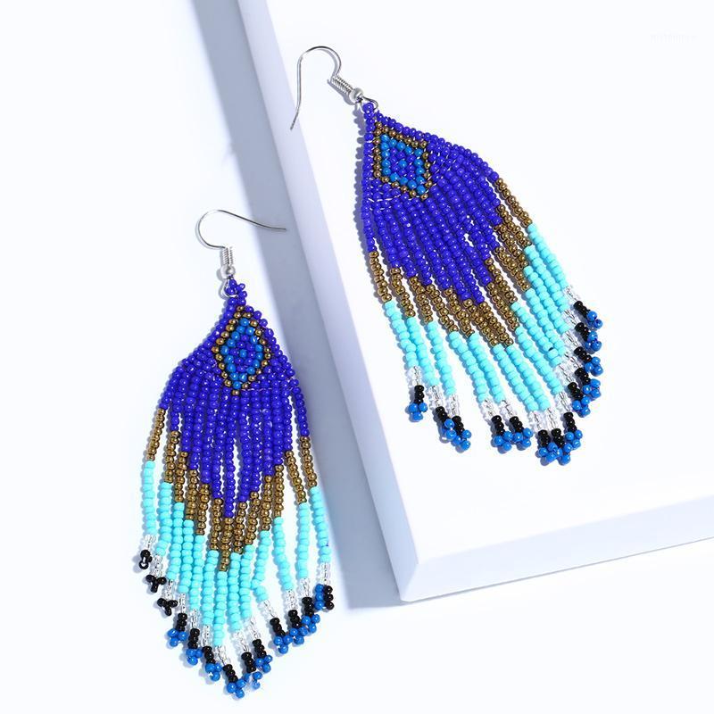 

FLOLA Bohemia Crystal Beads Blue Tassel Earrings for Woman Handmade Long Fringe Big Earring Ethnic Jewelry Gift Oorbellen ersm991