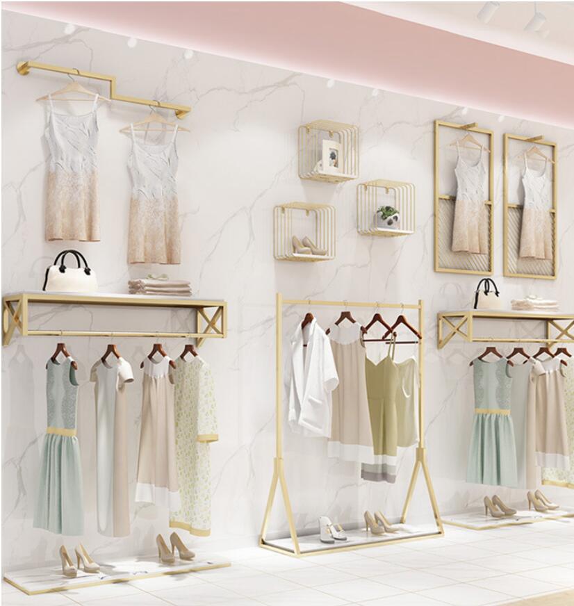 

Clothing display rack Commercial Furniture Nano gold iron women's cloth store show shelf combination shelfs on the wall floor hanging racks