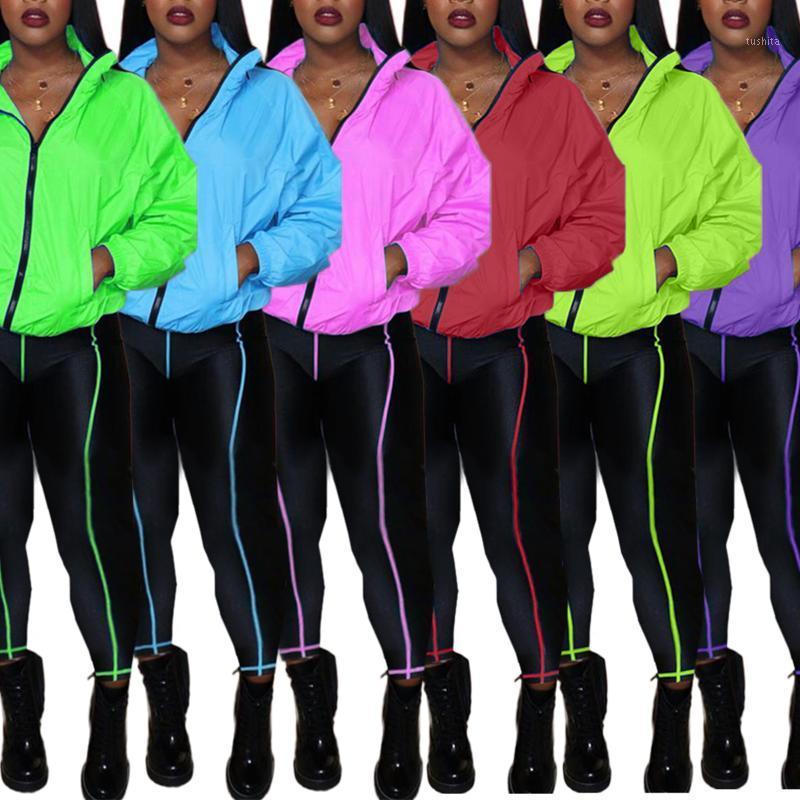 

Women' Reflective Tracksuit 2Pieces Sets 2020Long Sleeve Stand Collar Coat Jacket With Zipper Pencil Pants Trousers Outfit1