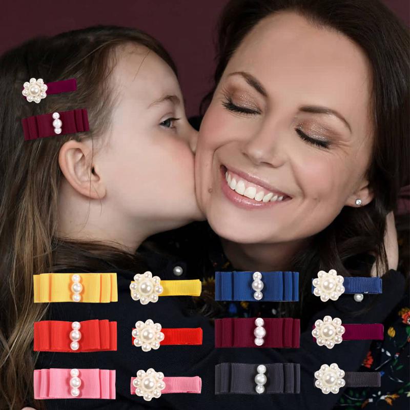 

2pc Infant Baby Toddler Girls Grosgrain Ribbon Hair Pearl Clips Hair Accessories Eyebrow Print Hairpins Swallowtail #YL 10, Pk