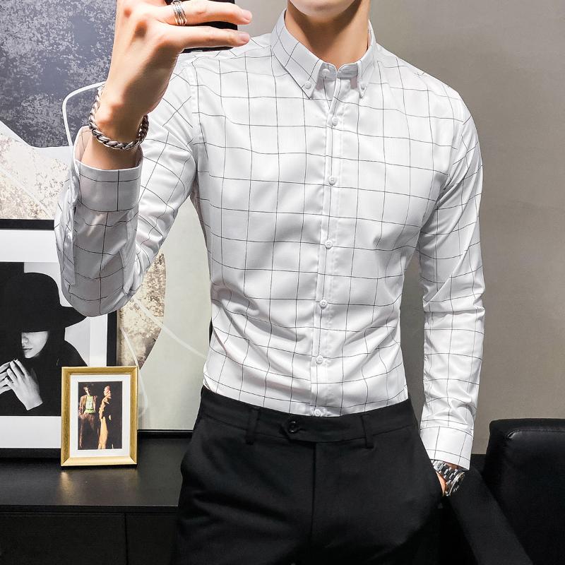 

Gray Black White Plaid Men Shirt Long Sleeve High Quality Mens Designer Dress Shirts Slim Fit Business Formal Shirt Male V630