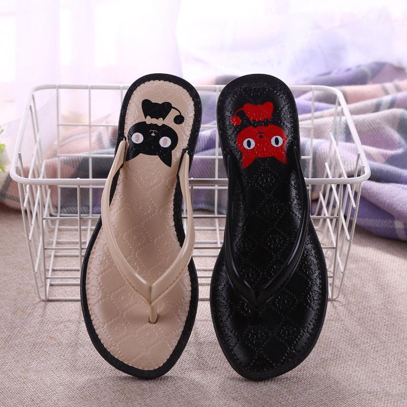 

2020 New Women Flip Flops Fashion Cat Printed Casual Shoes Non-slip Slippers Female Summer Comfortable Beach Flat Shoes1, Apricot animation