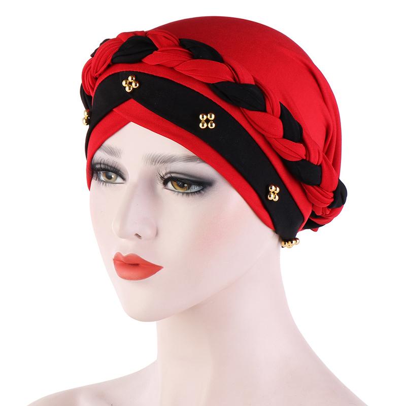 

Two-Color Beaded Braid Hijab Caps Spring and Autumn Muslim Wrap Turban Cap Cotton Inner Hijabs Bonnet Headscarf Ready To Wear