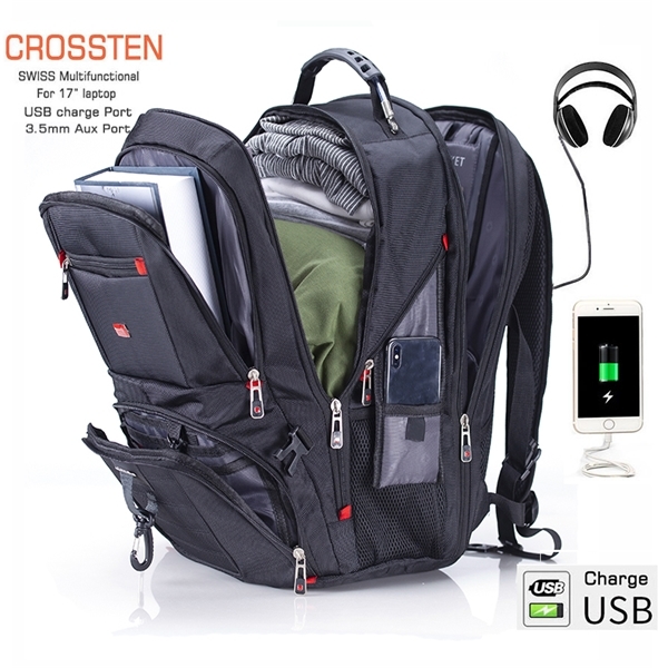 

Crossten 17" Laptop Backpack Waterproof USB Charge Port Swiss-style Multifunctional Rucksack Schoolbag Mochila Hiking Travel bag Q1104