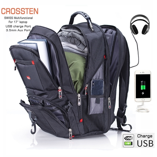 

Crossten 17" Laptop Backpack Waterproof USB Charge Port Swiss-style Multifunctional Rucksack Schoolbag Mochila Hiking Travel bag Q1104, 15 inch