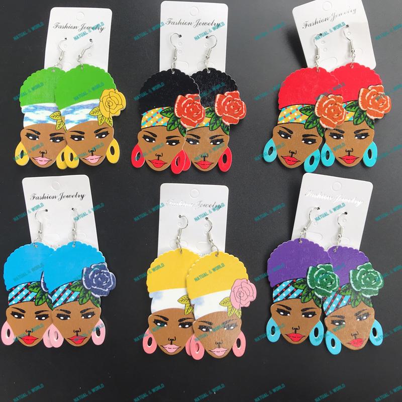 

New Long Stylish Printing African Inspired Women Wooden Drop Earrings Statement Trendy Hanging Earrings Jewelry 2020
