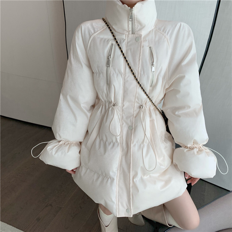 

2021 New Korean Women's Winter Coat Turtlenecks Shiny Rise Bubble Adjustable Waist Mid-length Down Puffer Jacket Mainly G0E1, White