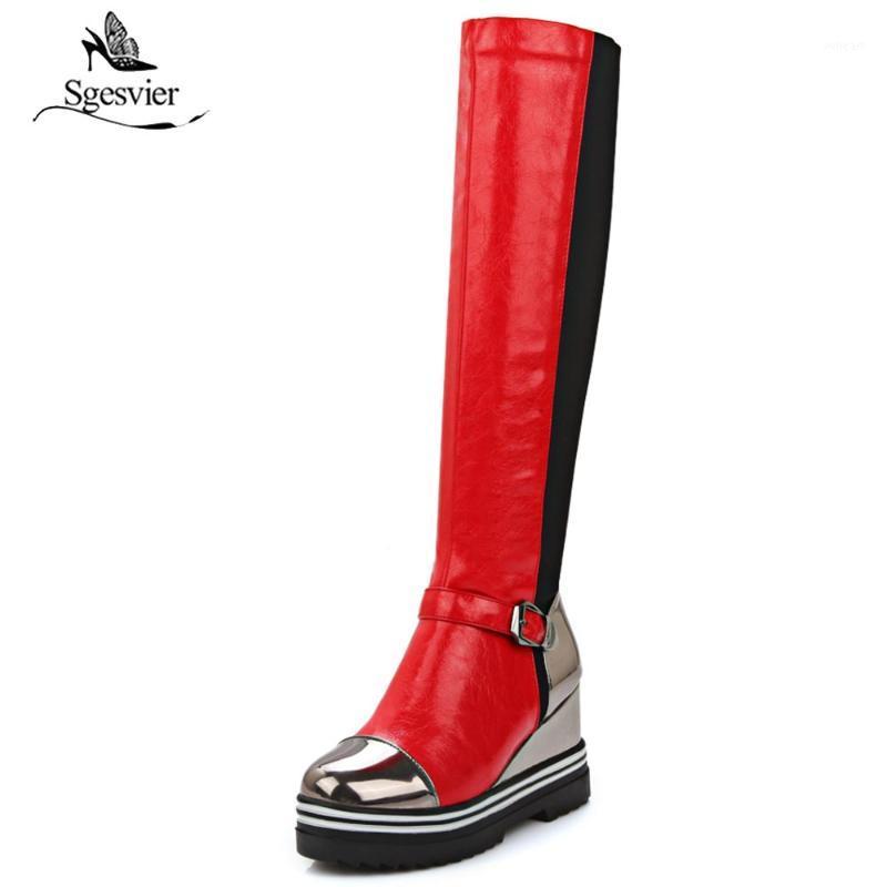 

Sgesvier Round toe knee high boots platform height increasing long boots winter fashion high heel buckle women shoes OX5371, Black