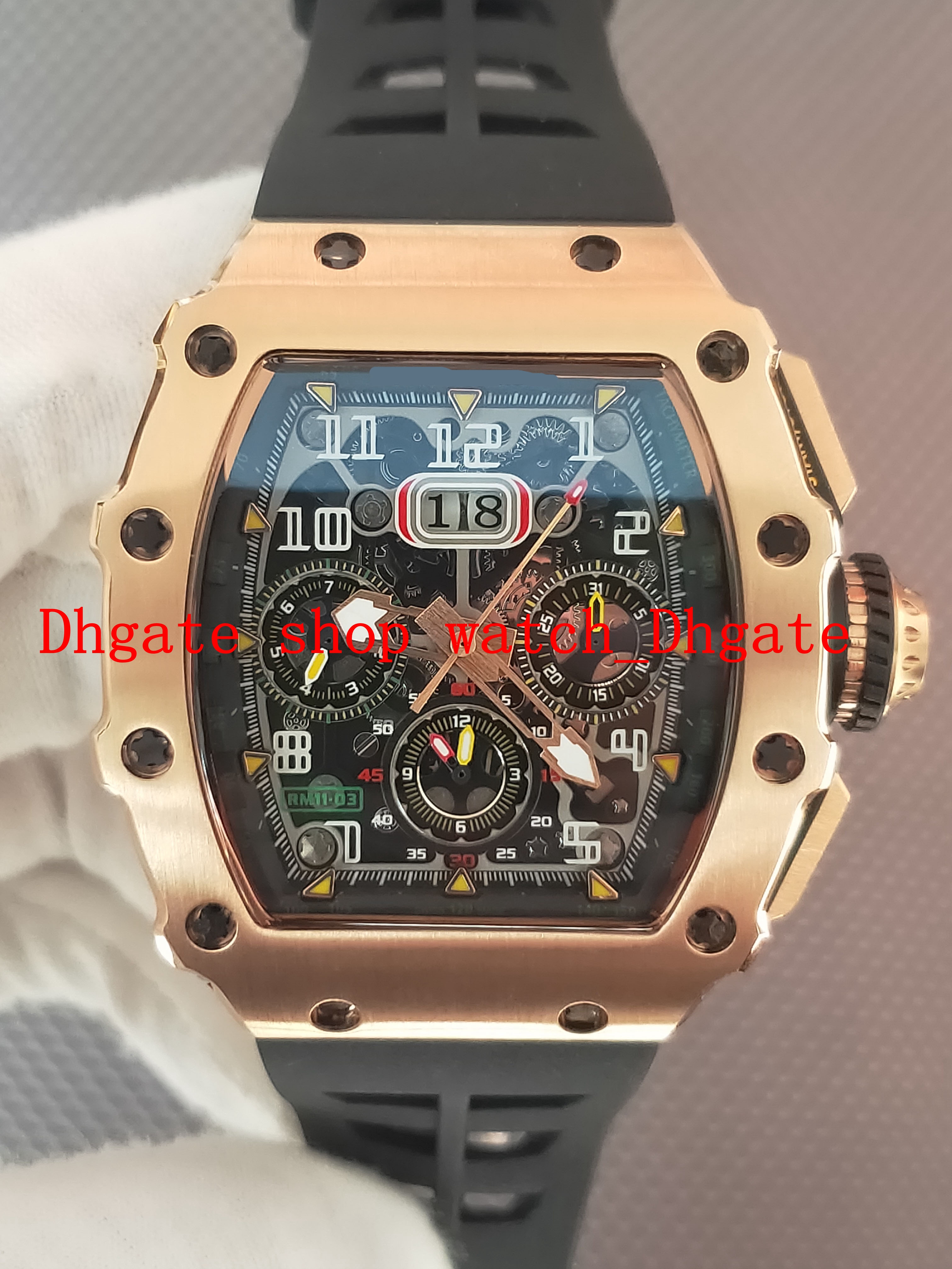 

Luxry Top Quality selling RM11-03 Flyback Skeleton Date Dial Automatic 50mm Mens Rose Gold Case black Rubber Strap Gents Sport Watch