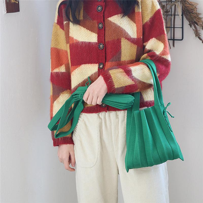 

2021 Korean Style Chic Women Knit Folds Hand Bag Design Fashion Shoulder Pleated Bag Ladies Elegant Solid Color Tote, Green