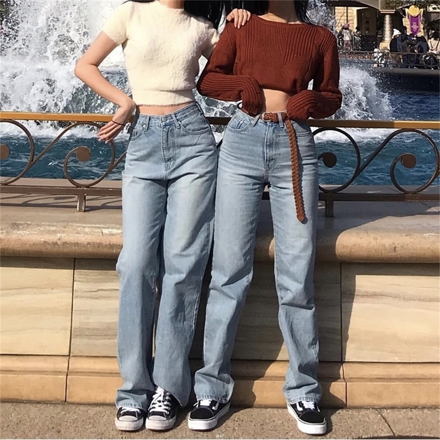 

Women Vintage High Waist Straight Leg Jeans Blue Wide Leg Jean 210203, Mid blue