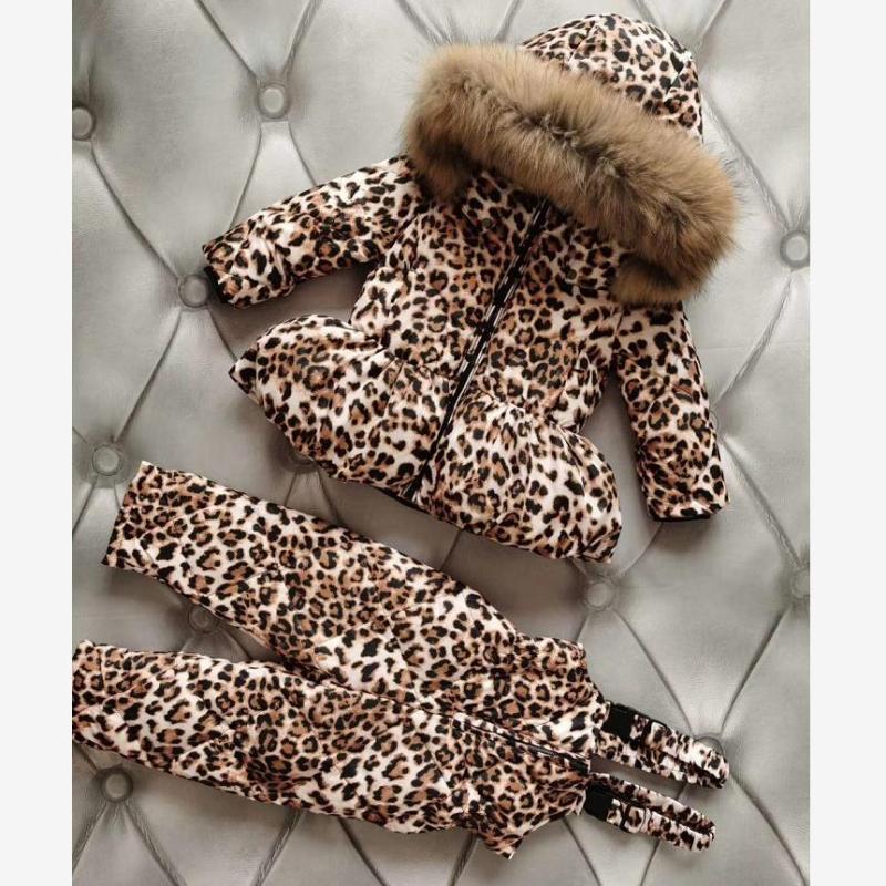 

Russia Winter Hooded Down Coat Children Snow Wear Warm Leopard Outerwear Real Fur Collar Parka Kids Down jackets for girls Y3293, Only jackets