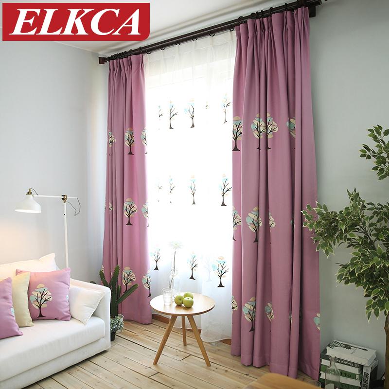 

Tree Embroidered Purple Curtains for Kids Faux Linen Blue Curtains for Living Room Cartoon and Tulle Bedroom