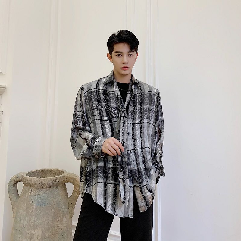

EWQ / men's wear streetwear new Korean style large size printed shirt tie decorative long lseeve oversize tops 2020 new 9Y2973, White;black