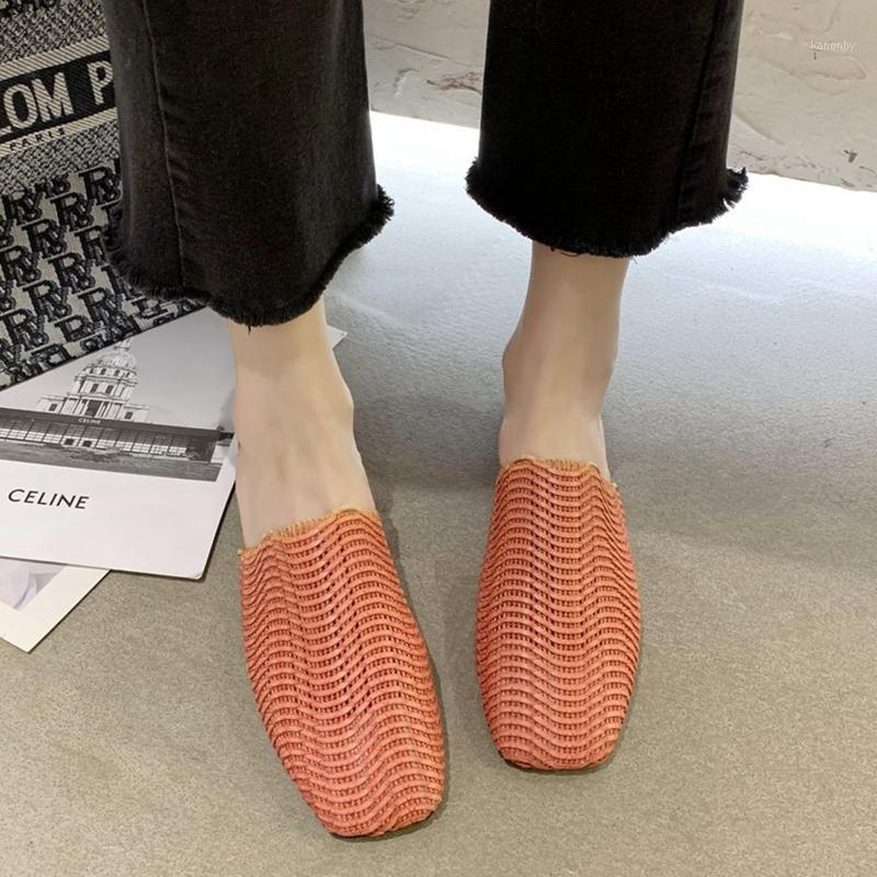 

Weave Low Heel Mules Shoes Women Breathable Square Toe Slippers Summer sandals shoes women Half Slippers 20201, Orange