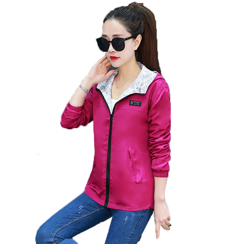

2021 New Spring Fall Short Zipper Two-sided with Hood Thin Section Female Jacket Sun Protection Clothing A19 LMAF, Red