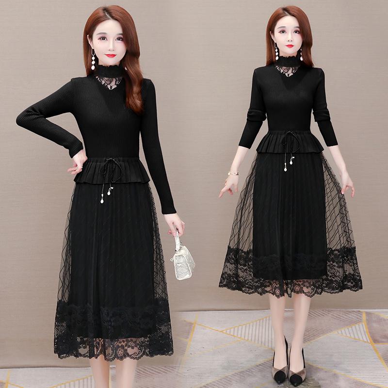 

autumn Winter Fake two Sweater Maxi Dress Women Knitted Full sleeve Dress Female Knitwear Soft Mesh hollow fashion six colors, Black