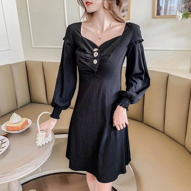 

New age-reducing long-sleeved skirt, early autumn dress, new waist, thinner, lantern sleeves, square collar, fairy Hepburn skirt #oI4M, Black;gray