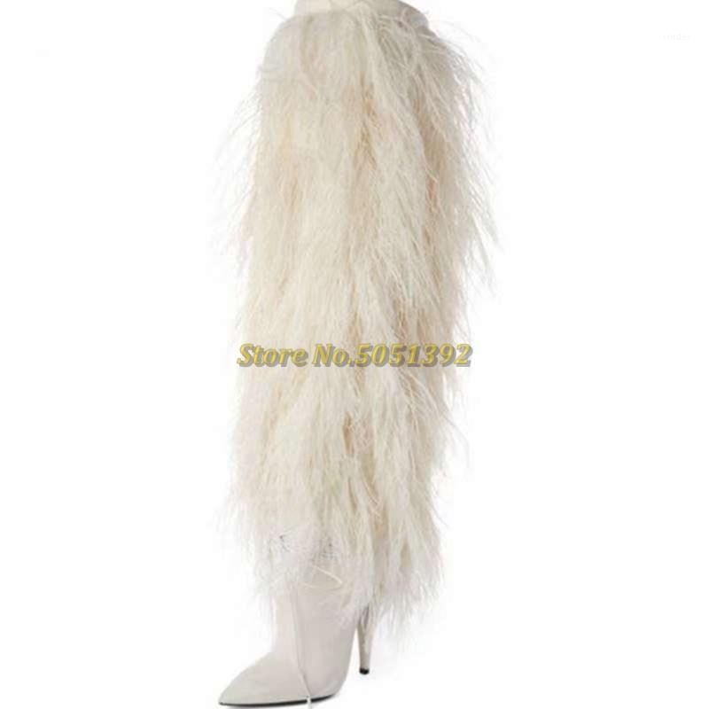 

Feather White Winter Boots Sexy Pointed Toe Thin High Heel Over The Knee White Leather Hairy Runway Dress Long Boots Custom Made1