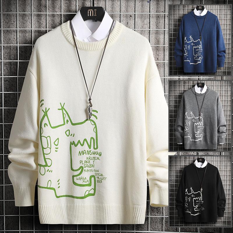 

Autumn Winter Sweaters Men Casual Fit Knitted Cartoon Pattern Mens Pullover Thick Warm Funny Jumper Male Sweater Round Neck Cute, Mydw8817 white