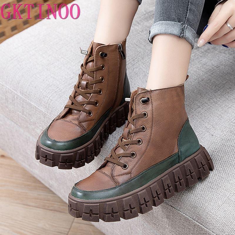 

GKTINOO Women Ankle Boots Winter 2021 New Genuine Leather Shoes Zip Round Toe Wedges Retro Mixed Colors Platform Short Boots1, S288 brown