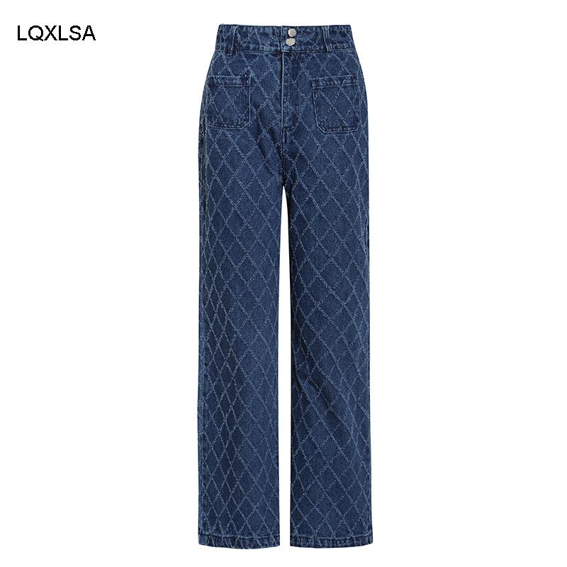 

Casual Argyle Y2K Woman Jeans Straight High Waist Pants Capris Froll Plaid Fashion Long Denim Trousers Streetwear, Blue