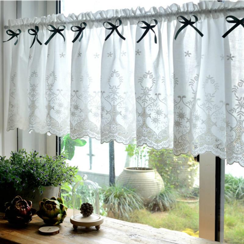

DUNXDECO Short Curtain For Kitchen Door Half Cortinas French Style Romantic White Cotton Lace Embroidery Rideau Warm Room Decor, As pic