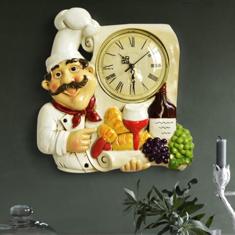 

Fashion Vintage Colored Chef Figurine Wall Clock 3D Resin Clocks Kitchen Decoration American & European Quartz Mute Single Face