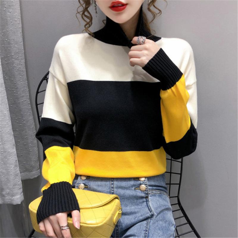 

Turtleneck Base Sweater Female 2020 Autumn Winter New Slim Striped Pullover Sweater Women High Quality Long Sleeve Casual Tops, Black