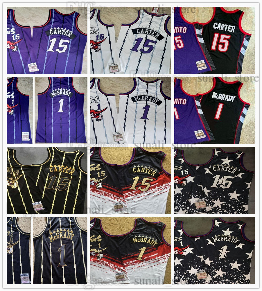 

Mitchell and Ness Authentic Stitched Basketball 15 Vince 1 Tracy Carter McGrady Jerseys 1998-99 Purple White Black Real Dense 100% Embroider, Black;red