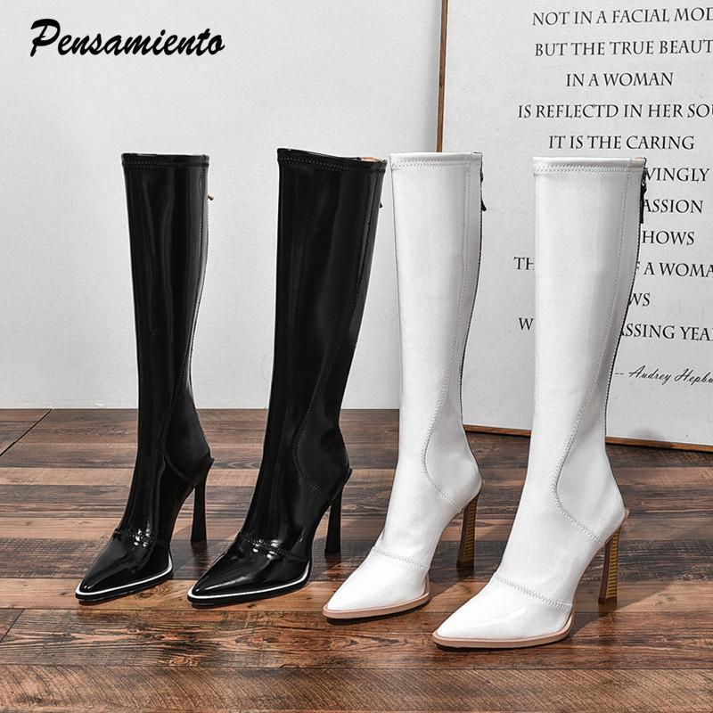 

Star style Soft Leather Women Long Boots Fashion Contrast color Zip Stiletto High Heels Autumn Winter Warm Knee-high Boots Shoes1, Black autumn