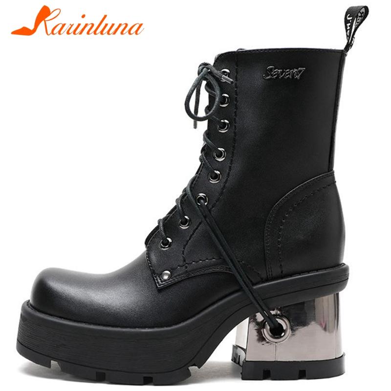 

KARIN New Fashion Female Motorcycle Street Boots Platform Round Toe Square High Heels shoelace Women Boots Ankle Women Shoes, Black